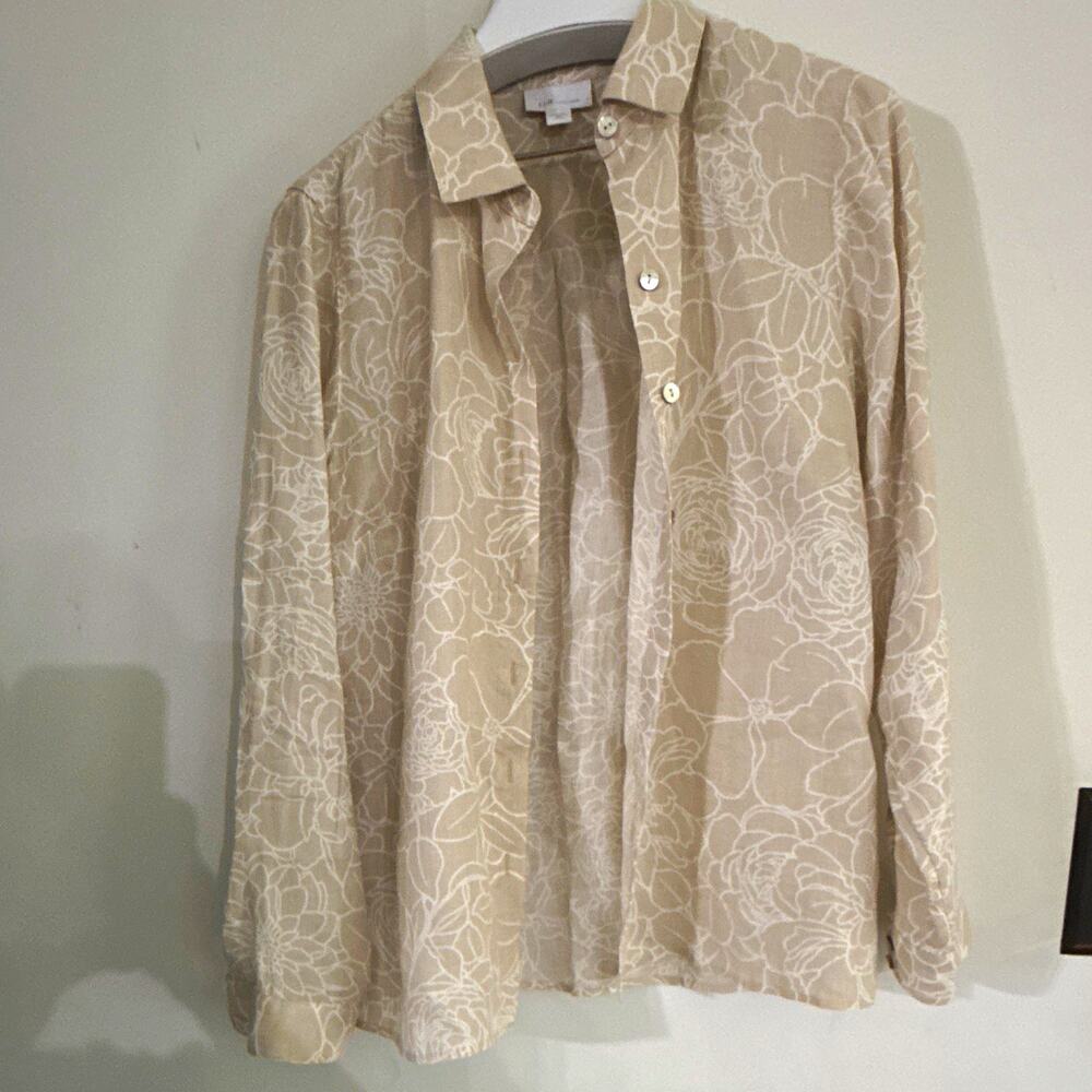 J. Jill Love Linen Women’s Beige White Floral Linen Button-Up Shirt PXS Petite